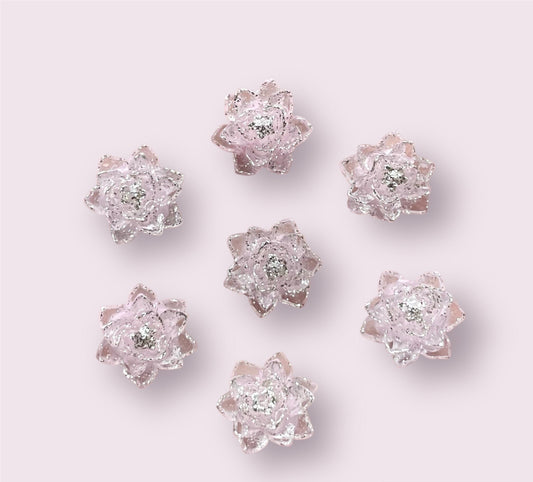 Pastel pink lustre flower cabochon, 11mm silver lustre