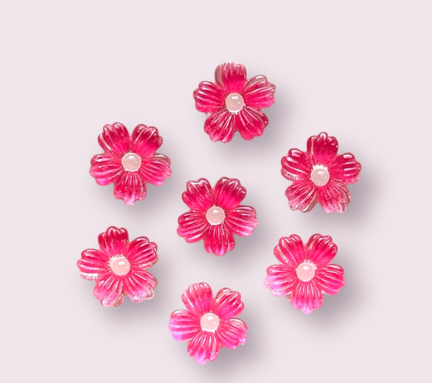 Deep pink glass effect flower cabochons, 9mm