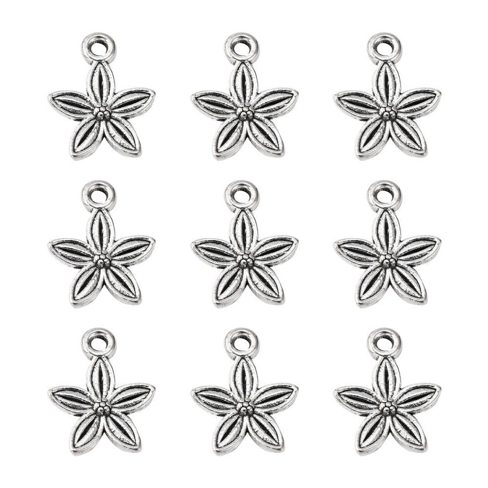 Silver antique style flower charms, 13mm