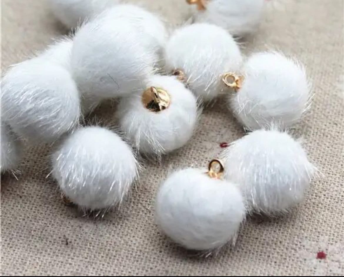 Fluffy white charms, pom pom charm, 15mm