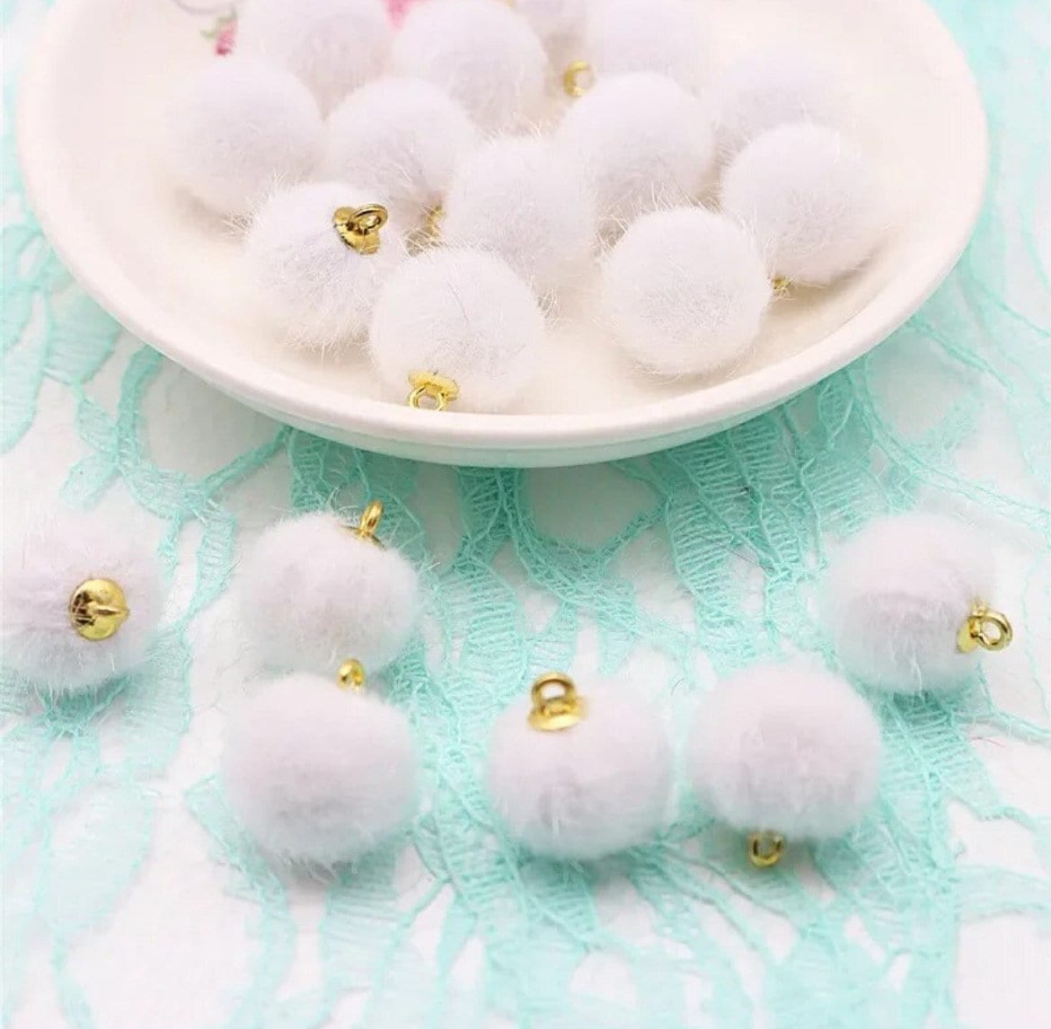 Fluffy white charms, pom pom charm, 15mm