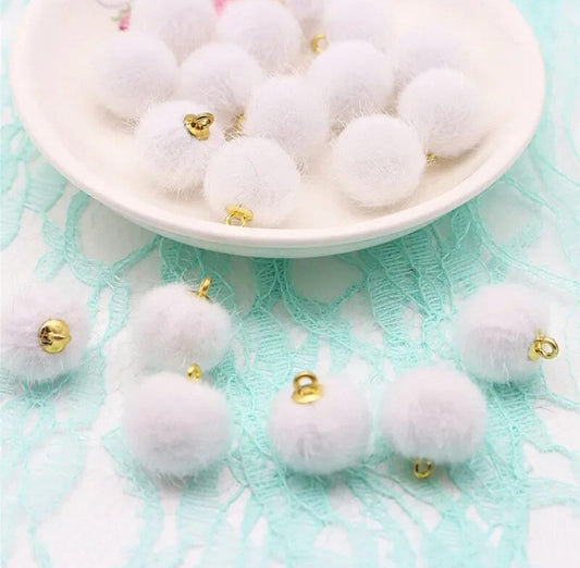 Fluffy white charms, pom pom charm, 15mm